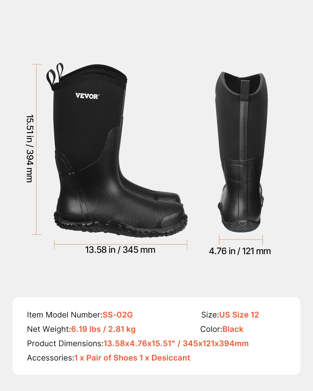 VEVOR Gummistiefel mit Stahlkappe für Herren, Schutzschuhe, wasserdichte Regen-Angelstiefel, rutschfeste Arbeitsschuhe für den Außenbereich, für Fertigung, Bau, Landwirtschaft, Größe 12 US