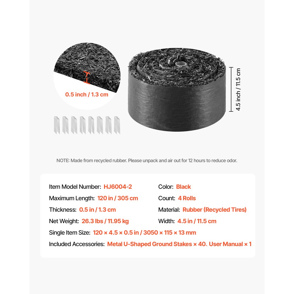 VEVOR Rubber Mulch Mat Roll, 4 Rolls 305 x 11.5 cm, Recycled Rubber Permanent Mulch Edging Border, Natural-Looking Flower Barrier with Stakes, 0.5 in Thick Cuttable Garden Edgings for Landscaping