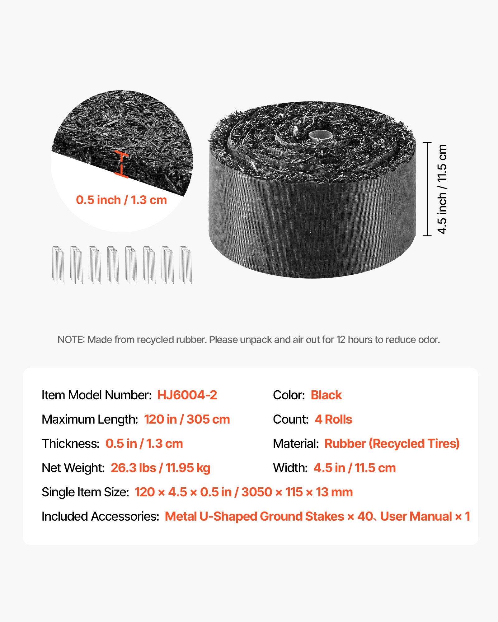 VEVOR Rubber Mulch Mat Roll, 4 Rolls 305 x 11.5 cm, Recycled Rubber Permanent Mulch Edging Border, Natural-Looking Flower Barrier with Stakes, 0.5 in Thick Cuttable Garden Edgings for Landscaping