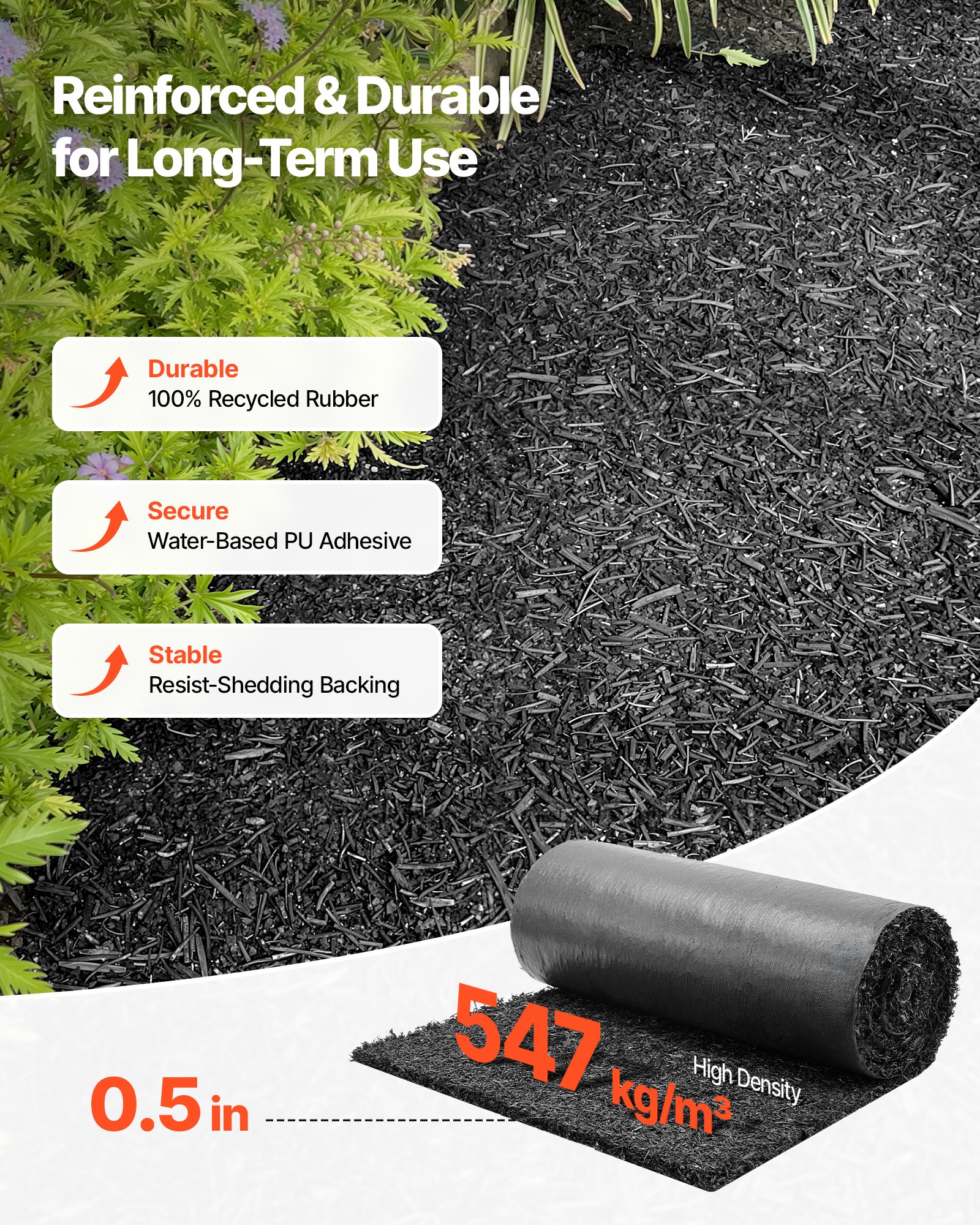 VEVOR Rubber Mulch Mat Roll, 2 Rolls 244 x 61 cm Recycled Rubber Mulch Mat, 0.5 Thick Cuttable, Reduced Weed Growth, Natural-Looking Weed Barrier Mat, Permanent Walkway Pathway for Landscaping