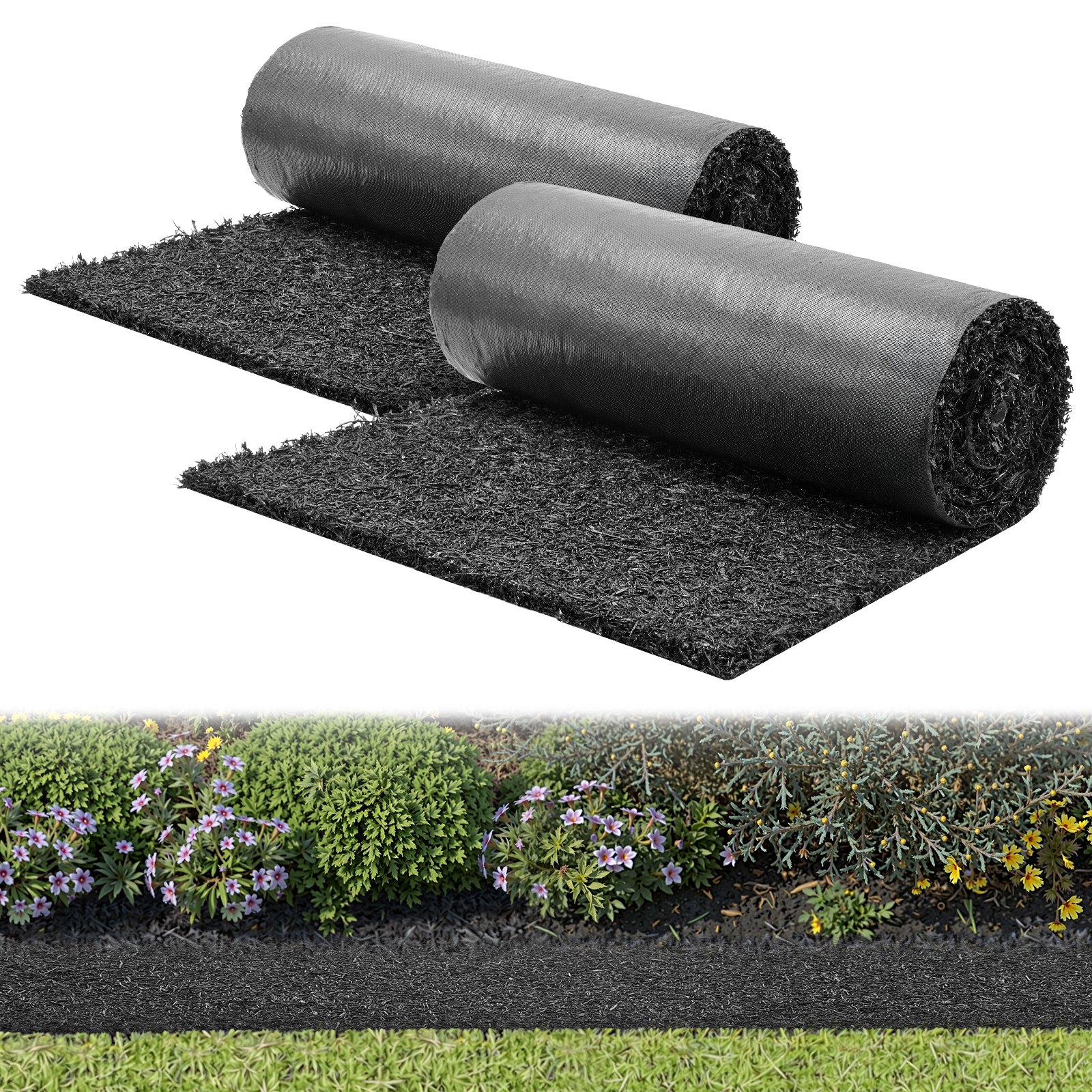 VEVOR Rubber Mulch Mat Roll, 2 Rolls 244 x 61 cm Recycled Rubber Mulch Mat, 0.5 Thick Cuttable, Reduced Weed Growth, Natural-Looking Weed Barrier Mat, Permanent Walkway Pathway for Landscaping