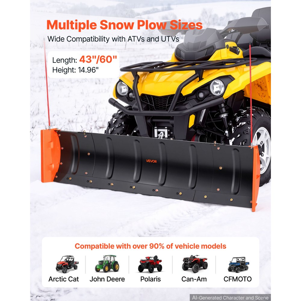 VEVOR Schneeschild 1092 & 1524 mm Breite Schneepflug ATV mit Seitenflügeln, für Meisten ATVs & UTVs Geeignet, Kohlenstoffstahl-Räumschild, Höhen- & Links-Rechtsverstellbar, 3 Montageoptionen, Schwarz