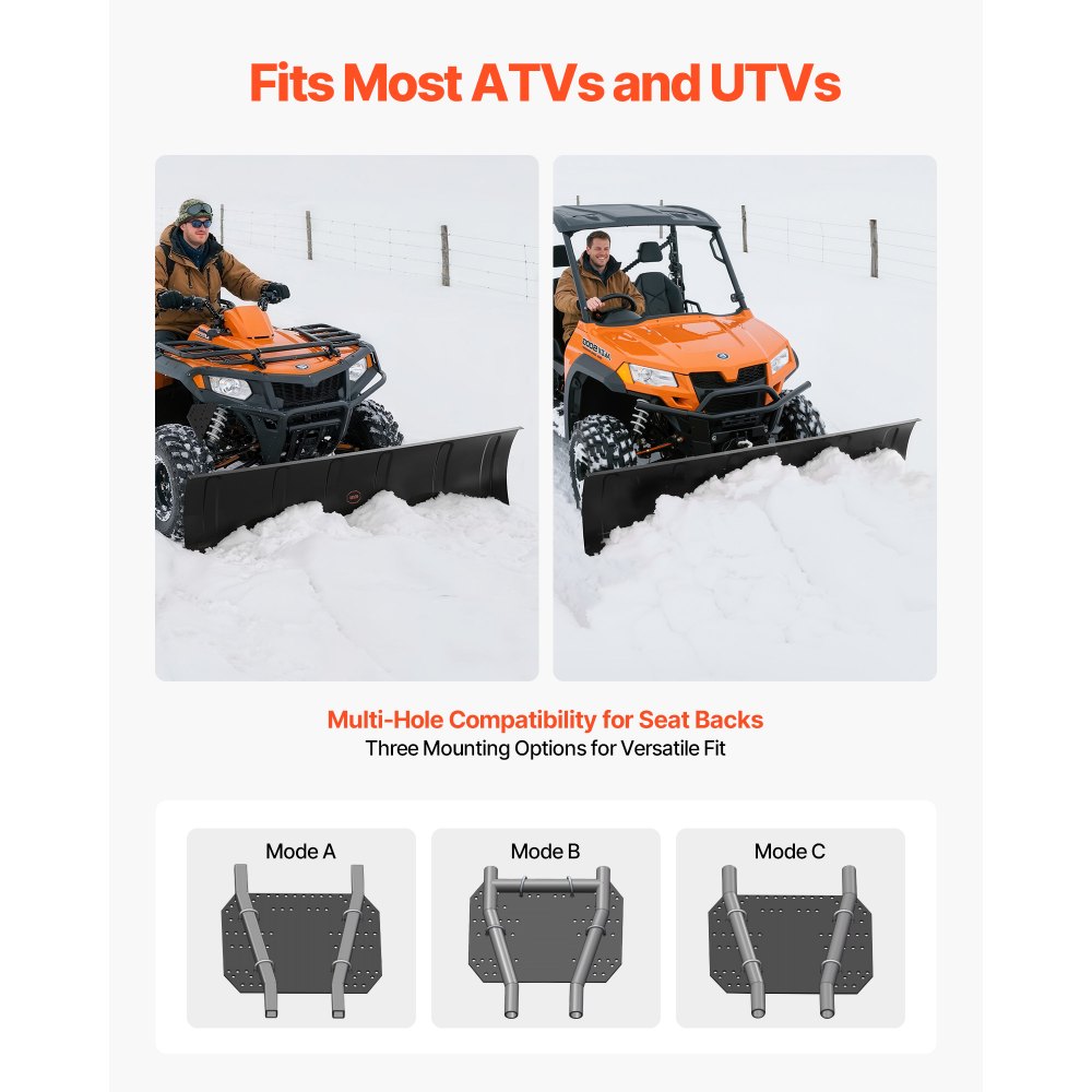 VEVOR Snow Plow Kit, 1524 mm Universal Snow Plow Attachment, Height & Left-Right Adjustable, Quick To Detach, Steel ATV Scrape Blade, 3 Mount Options, Efficient Snows Clearing, for Most ATVs & UTVs