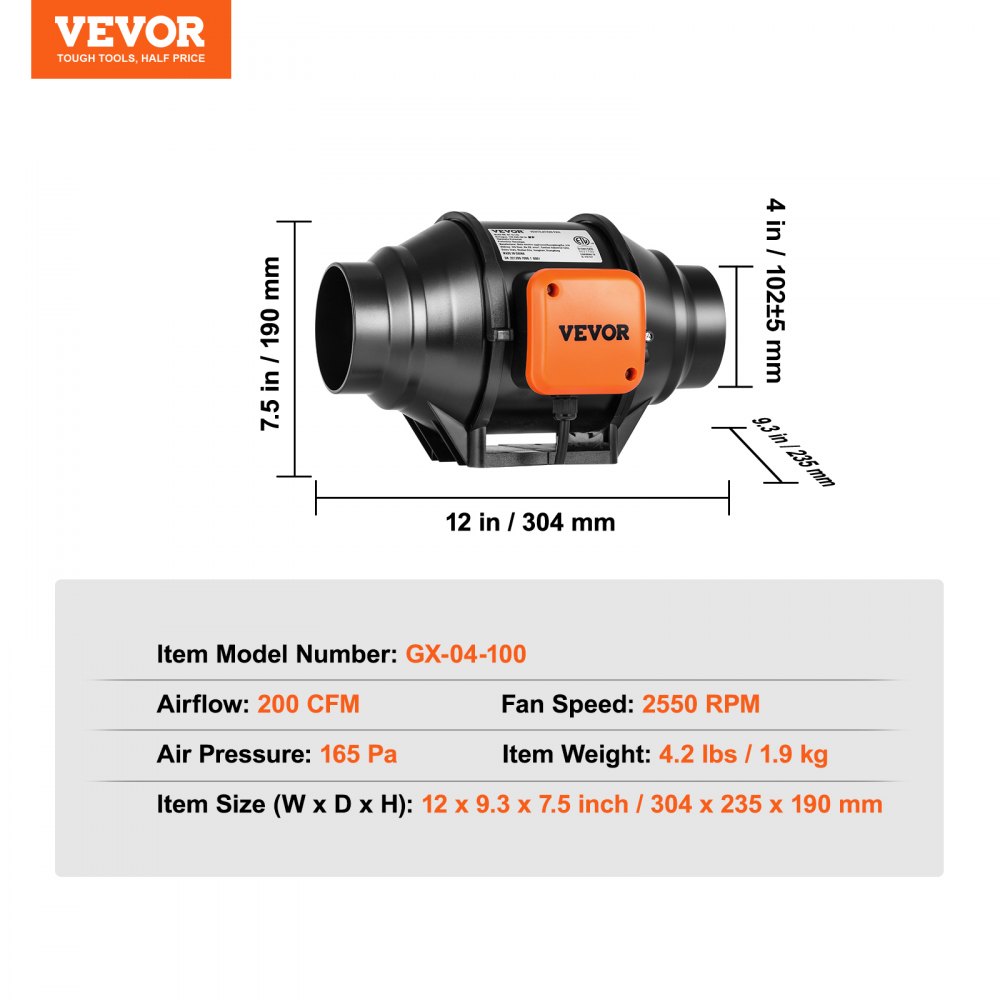VEVOR Inline-Rohrventilator, 304 mm, Rauchabzug, 200 CFM mit variablem Drehzahlregler, leiser Abluftventilator mit AC-Motor für Kühlverstärker, Wachstumszelte, Hydrokultur