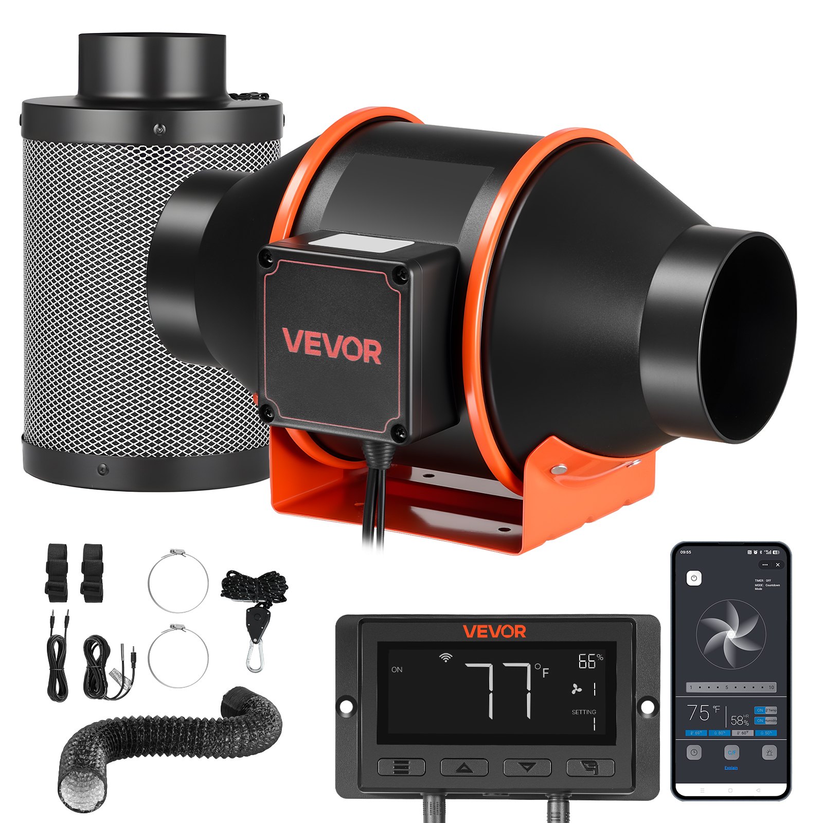 VEVOR 101,6mm Rohrventilator mit Kohlefilter, 349m³/h Inline-Rohrlüfter mit PWM & App-Steuerung, Kanalventilator mit 10 Stufen 9h Timer & EC-Motor, Abluftventilator für Gewächshaus Keller Rauchabzug