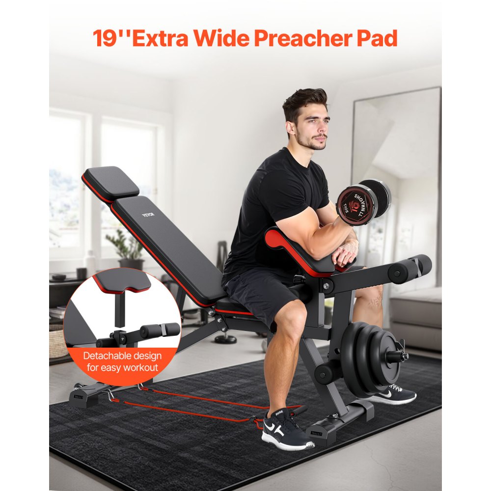 VEVOR Hantelbank verstellbare Brauchtrainer für Ganzkörpertraining 363 kg belastbar), Sit-up-Trainingsbank Fitness Bank Flachbank mit it Beinstrecker, Preacher-Polster, schnelle Einstellung