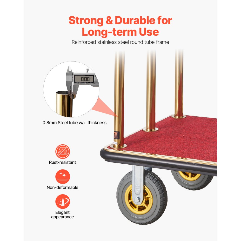 VEVOR Hotel Luggage Trolley, 680 kg Load Capacity, Bellhop Trolley with Curved Posts, Hotel Trolley, Luggage Trolley with Red Carpet and 20 cm Rubber Wheels, Ideal for Hotels, Condominiums, Resorts