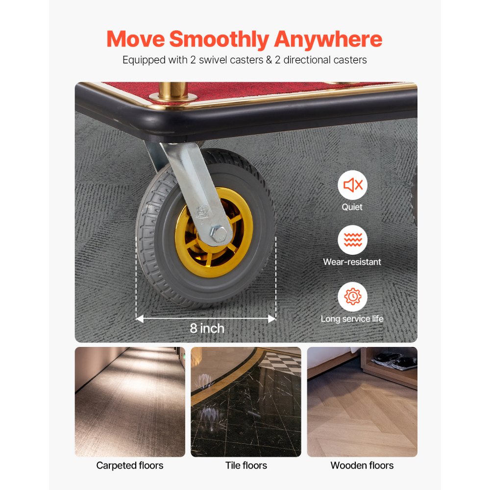 VEVOR Hotel Luggage Trolley, 680 kg Load Capacity, Bellhop Trolley with Curved Posts, Hotel Trolley, Luggage Trolley with Red Carpet and 20 cm Rubber Wheels, Ideal for Hotels, Condominiums, Resorts