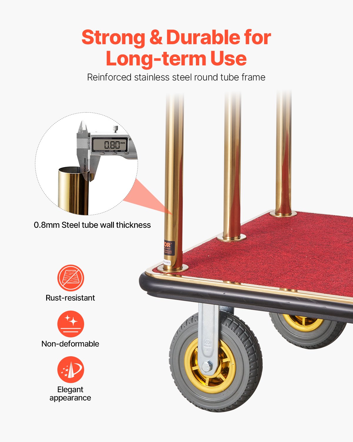 VEVOR Hotel Luggage Trolley, 680 kg Load Capacity, Bellhop Trolley with Curved Posts, Hotel Trolley, Luggage Trolley with Red Carpet and 20 cm Rubber Wheels, Ideal for Hotels, Condominiums, Resorts