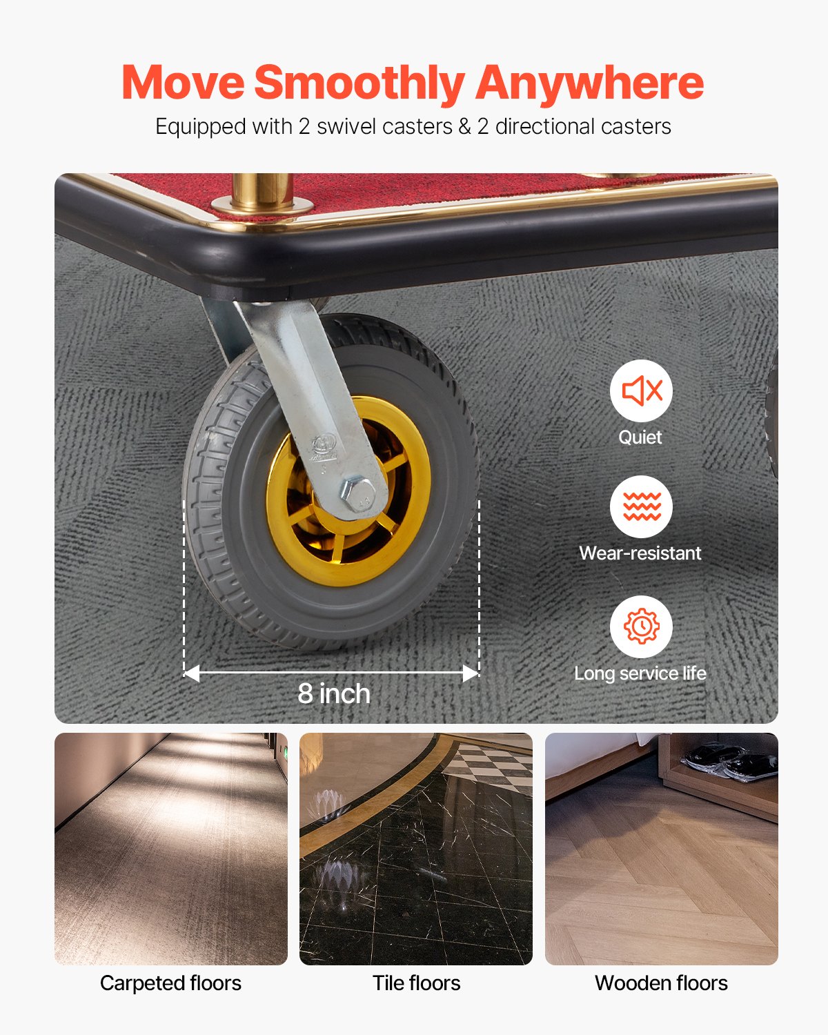 VEVOR Hotel Luggage Trolley, 680 kg Load Capacity, Bellhop Trolley with Curved Posts, Hotel Trolley, Luggage Trolley with Red Carpet and 20 cm Rubber Wheels, Ideal for Hotels, Condominiums, Resorts