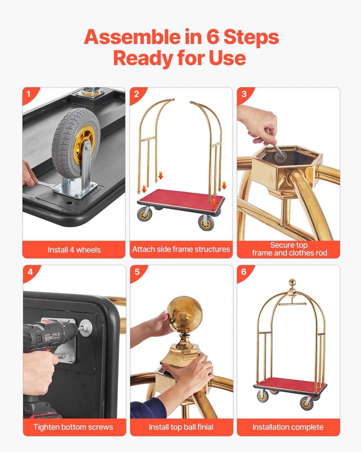 VEVOR Hotel Luggage Trolley, 680 kg Load Capacity, Bellhop Trolley with Curved Posts, Hotel Trolley, Luggage Trolley with Red Carpet and 20 cm Rubber Wheels, Ideal for Hotels, Condominiums, Resorts