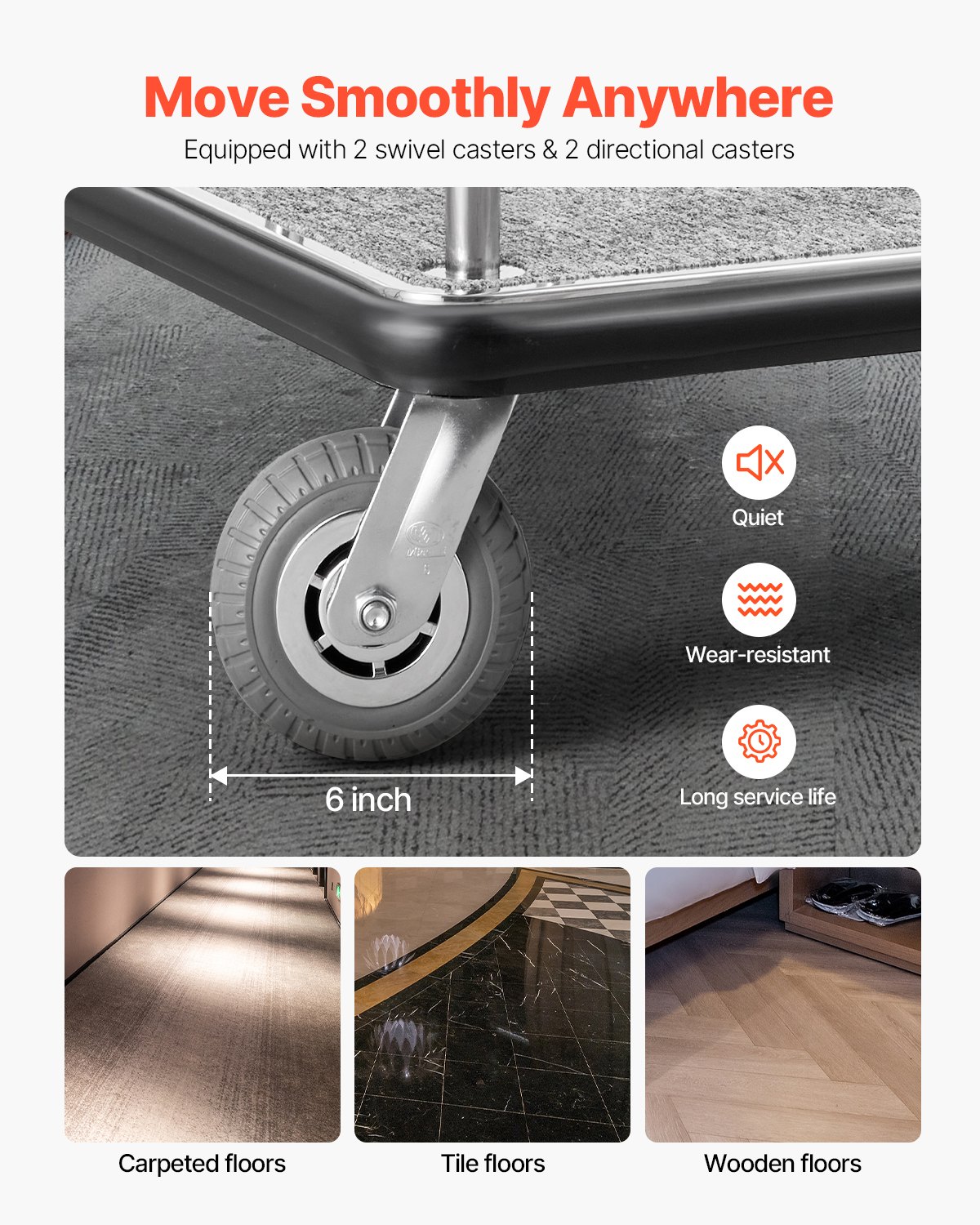 VEVOR Hotel Luggage Trolley, 362 kg Load Capacity, Stainless Steel Luggage Trolley, Porter's Trolley with Gray Carpet and 15 cm Rubber Wheels, Ideal for Hotels, Condominiums, Resorts, Silver