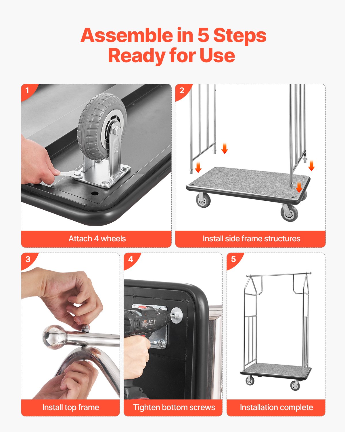 VEVOR Hotel Luggage Trolley, 362 kg Load Capacity, Stainless Steel Luggage Trolley, Porter's Trolley with Gray Carpet and 15 cm Rubber Wheels, Ideal for Hotels, Condominiums, Resorts, Silver