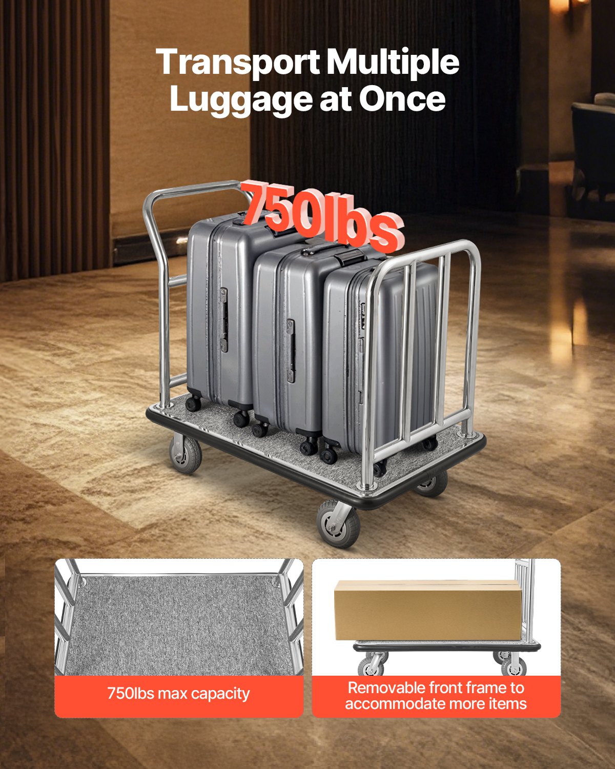 VEVOR Hotel Luggage Trolley, 340 kg Load Capacity, Platform Trolley with Removable Front Frame, Valet Parking Trolley with Carpeted Floor & 15 cm Rubber Wheels, Ideal for Hotels, Condominiums, Resorts