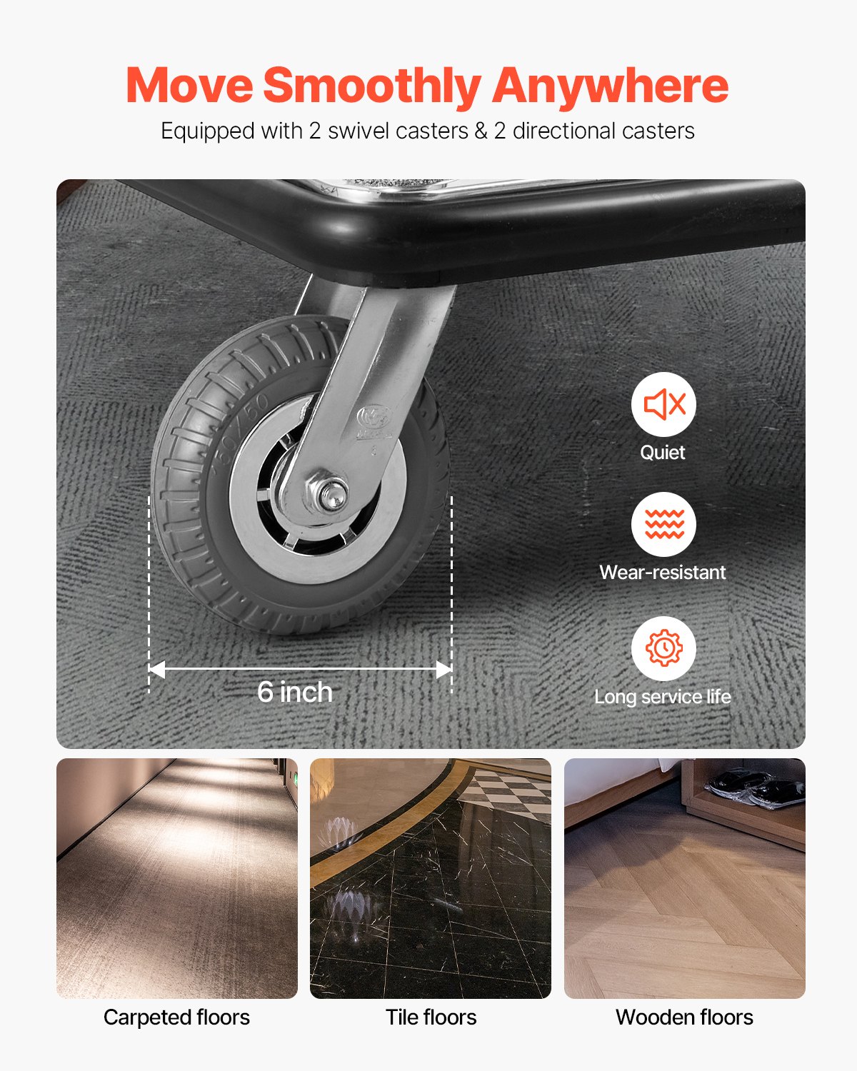 VEVOR Hotel Luggage Trolley, 340 kg Load Capacity, Platform Trolley with Removable Front Frame, Valet Parking Trolley with Carpeted Floor & 15 cm Rubber Wheels, Ideal for Hotels, Condominiums, Resorts