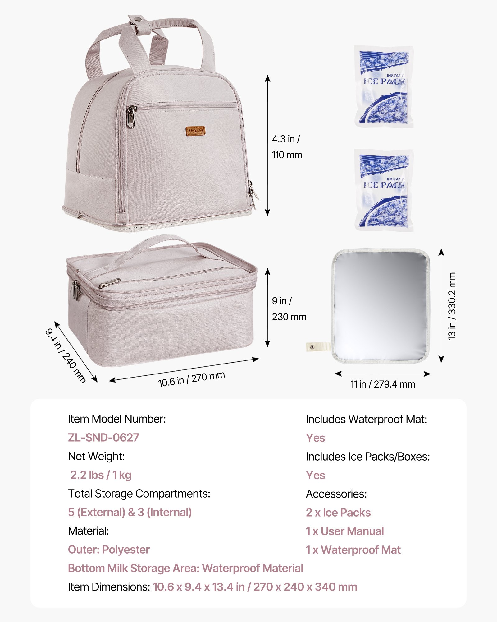 VEVOR Milchpumpen-Rucksack, 270x240x340 mm, mit Kühlakku, passend für S1/S2, Pumpzubehör & Muttermilchaufbewahrung, Wickel Rucksack für Arbeit, Reisen & Familiengebrauch, Hellrosa