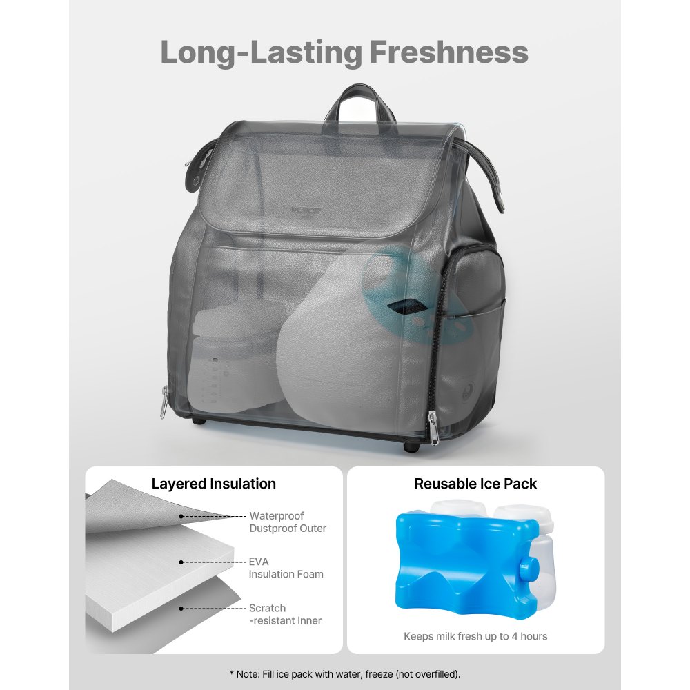 VEVOR Milchpumpen-Rucksack, 320x200x340 mm, mit Kühlakku, passend für S1/S2, Pumpzubehör und Muttermilchaufbewahrung, Wickelrucksack für Arbeit, Reisen und Familiengebrauch, Schwarz