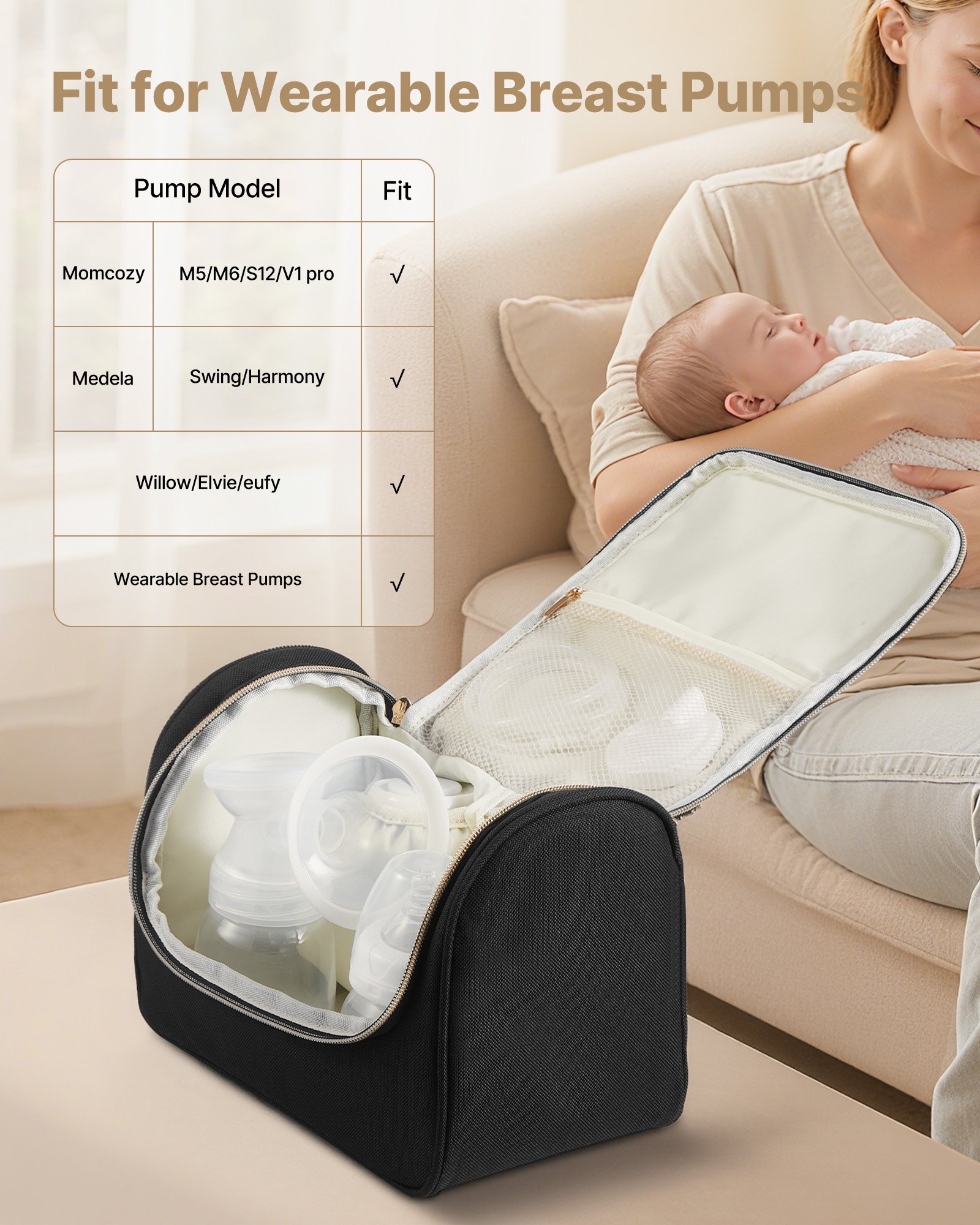 VEVOR Wearable Breast Pump Bag, Breast Feeding Bag with Waterproof Mat, Fits for M5/M6, Pumping Accessories & Breastmilk Storage, Portable Pump Carrying Case for Work, Travel & Family Use, Black