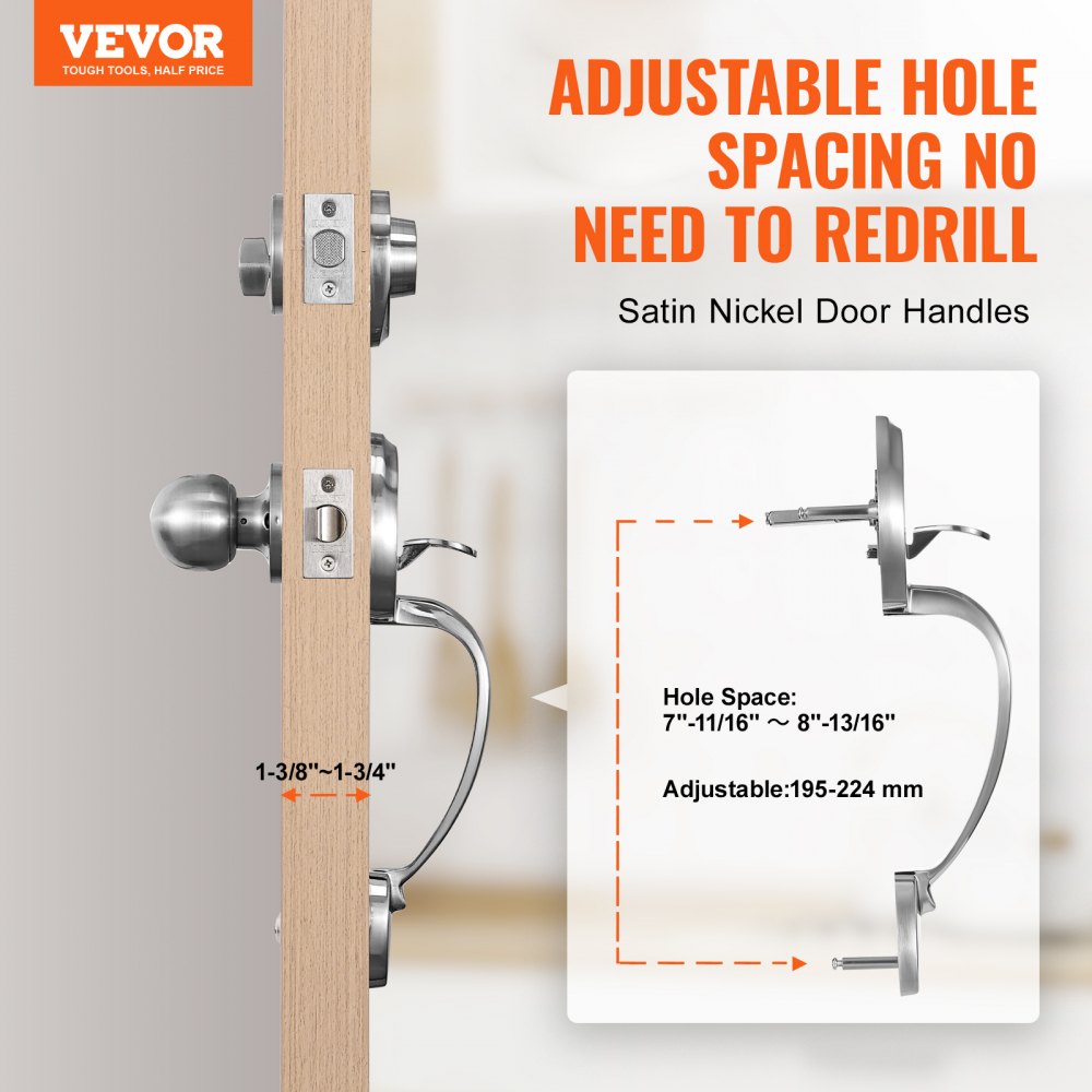 VEVOR front door handle and bolt set, front door lock set made of satin nickel with interior knob, adjustable hole spacing, single cylinder handle set, for right- and left-handed entrance and front doors