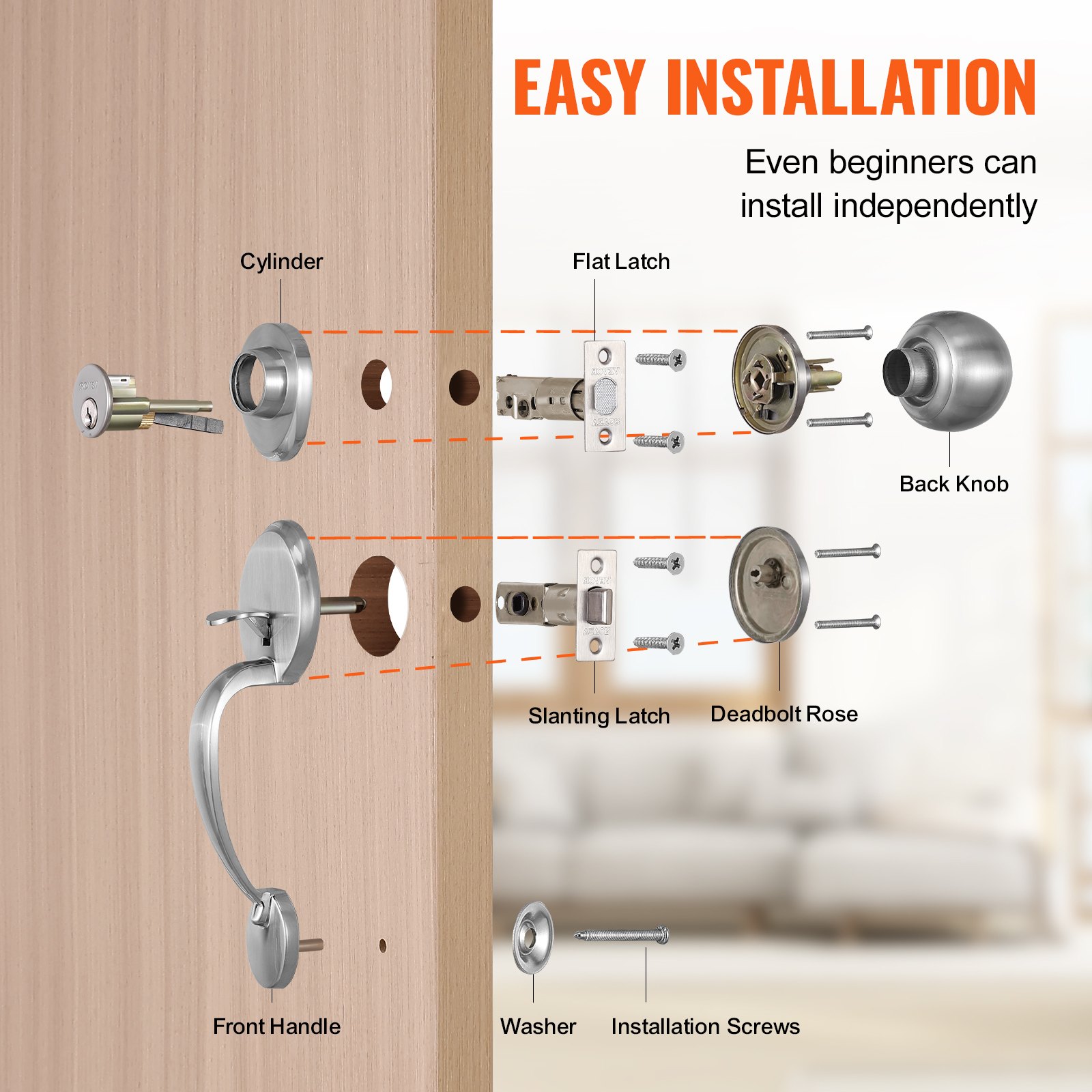 VEVOR front door handle and bolt set, front door lock set made of satin nickel with interior knob, adjustable hole spacing, single cylinder handle set, for right- and left-handed entrance and front doors