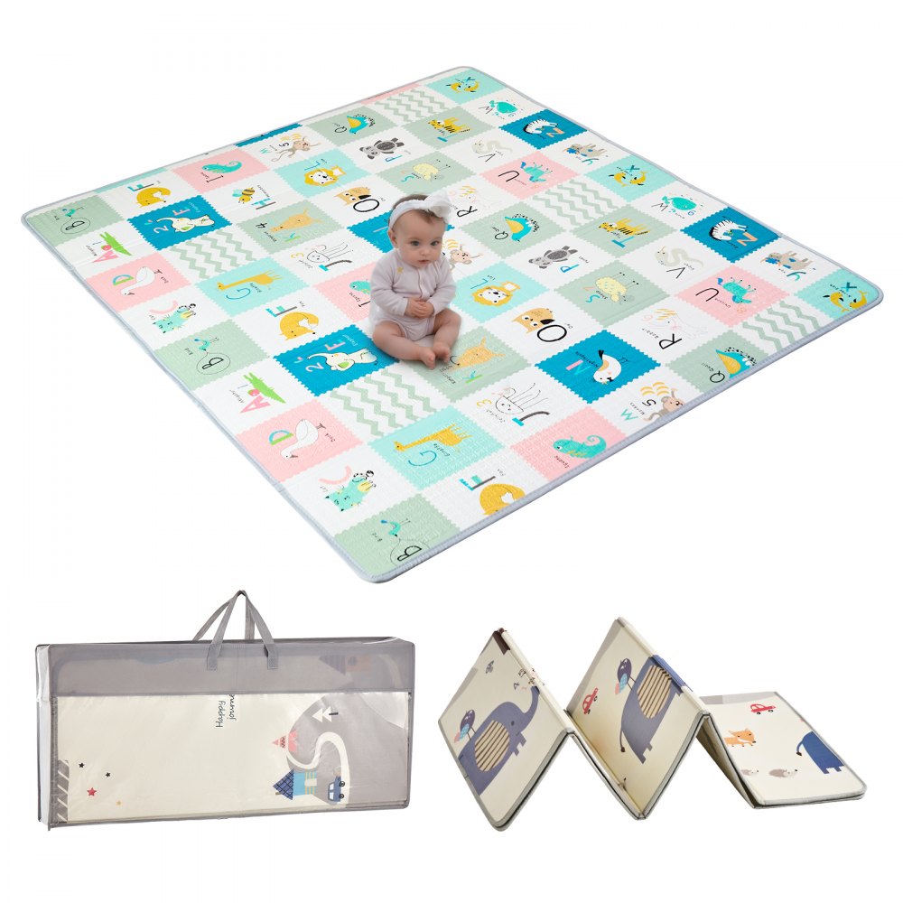 VEVOR Baby-Spielmatte, 180 x 200 cm, extragroße Baby-Krabbelmatte, rutschfeste einteilige Schaumstoff-Baby-Spielmatte, faltbare, wendbare Bodenmatte mit Reisetasche, wasserdichte Aktivitäts-Spielmatte für Babys, Kleinkinder