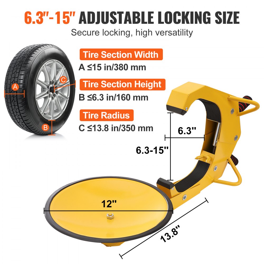 VEVOR Radschloss Autokralle 2 Stk.Reifenschloss, Passend für 160-380 mm Raddurchmesser Anti-Diebstahl, Anhänger-Radkralle mit 30 cm Saugnapf, Parkkralle für Autos, Lkw, SUVs, Camper, Boote Gelb