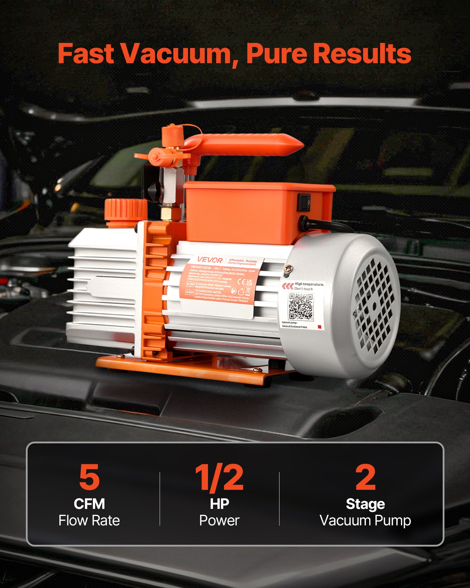 VEVOR Vakuumpumpe, 5 CFM 142 L/min, zweistufig, 375 W, geeignet für R134a-, R22- und R410a-Systeme, 4-poliger Motor, für die Wartung von Kfz-Klimaanlagen & die Entgasung von Harzen, inkl. Öl.