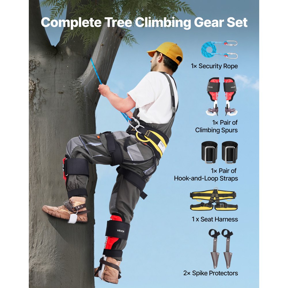 VEVOR Tree Climbing Spikes Set, Height-Adjustable Tree Climbing Gear with Straps & Spike Protectors, 159 kg Load Capacity, Durable Aluminum Climb Spurs Arborist Equipment for Fruit Picking Hunting