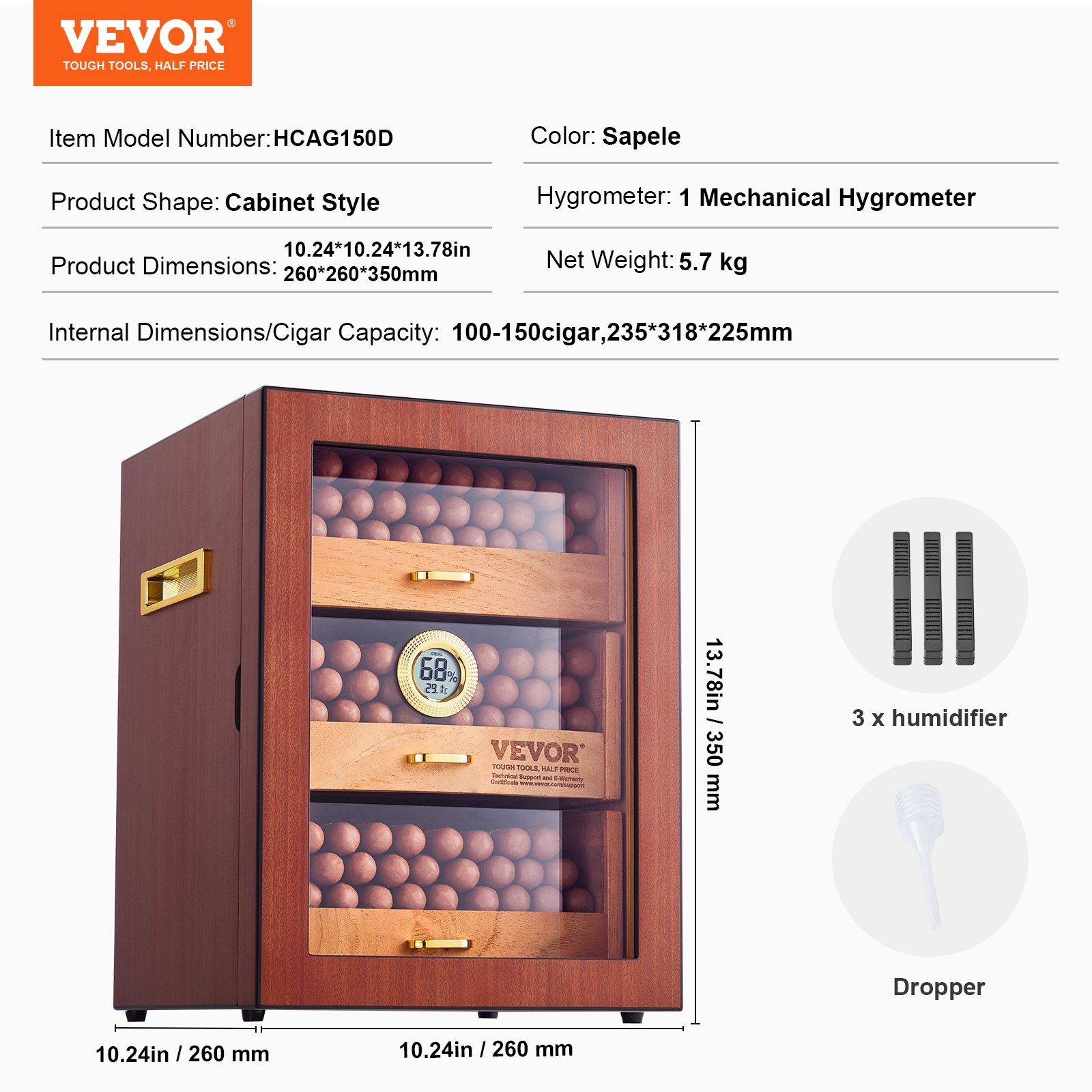 VEVOR Humidor-Schrank für Zigarren, Handgefertigter Humidor aus Spanischem Zedernholz für 100–150 Zigarren, Glas-Zigarren-Aufbewahrungsbox für den Schreibtisch mit Digitalem Luftbefeuchter