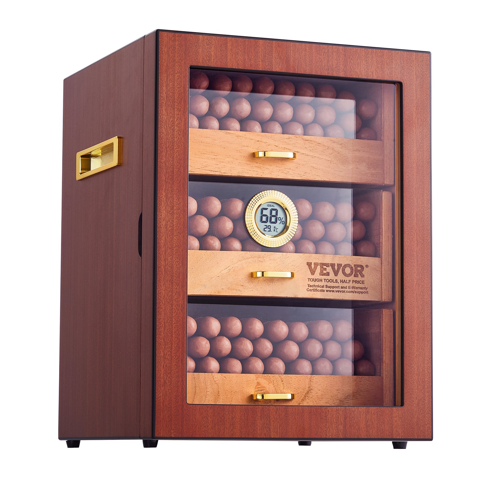 VEVOR Humidor-Schrank für Zigarren, Handgefertigter Humidor aus Spanischem Zedernholz für 100–150 Zigarren, Glas-Zigarren-Aufbewahrungsbox für den Schreibtisch mit Digitalem Luftbefeuchter