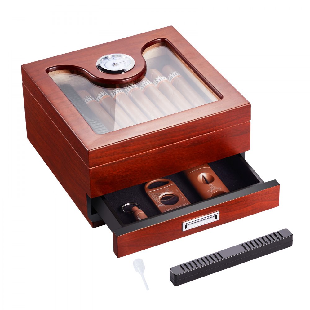 VEVOR Zigarren-Humidor, Humidorbox mit Glasdeckel, Handgefertigte Zigarren-Schreibtischbox aus Spanischem Zedernholz, Zigarren-Aufbewahrungsbox mit Trennwand & Zubehörschublade, 20–35 Zigarren