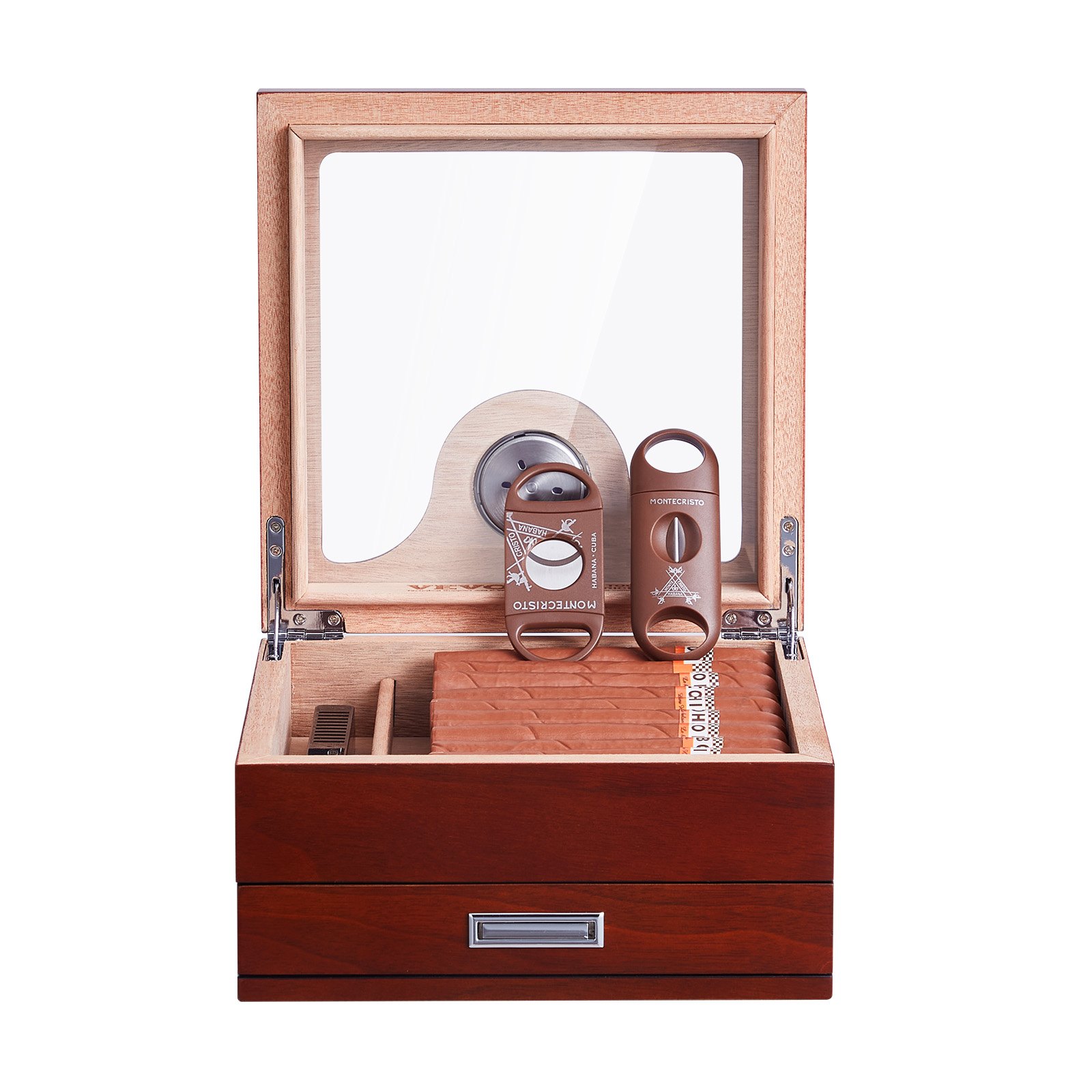 VEVOR Zigarren-Humidor, Humidorbox mit Glasdeckel, Handgefertigte Zigarren-Schreibtischbox aus Spanischem Zedernholz, Zigarren-Aufbewahrungsbox mit Trennwand & Zubehörschublade, 20–35 Zigarren