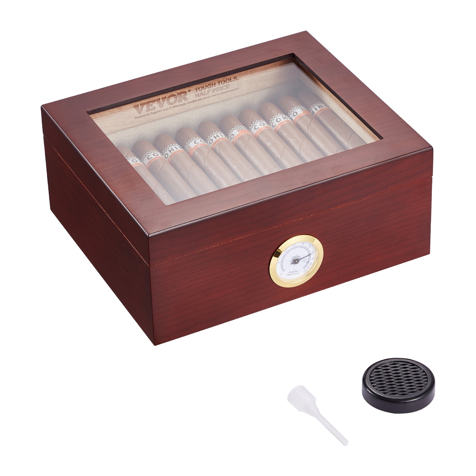 VEVOR Zigarren-Humidor, Humidor-Box mit Glasdeckel, Handgefertigte Zigarren-Schreibtischbox aus Spanischem Zedernholz, Zigarren-Aufbewahrungsbox mit Luftbefeuchter & Trennwand, für 30–50 Zigarren