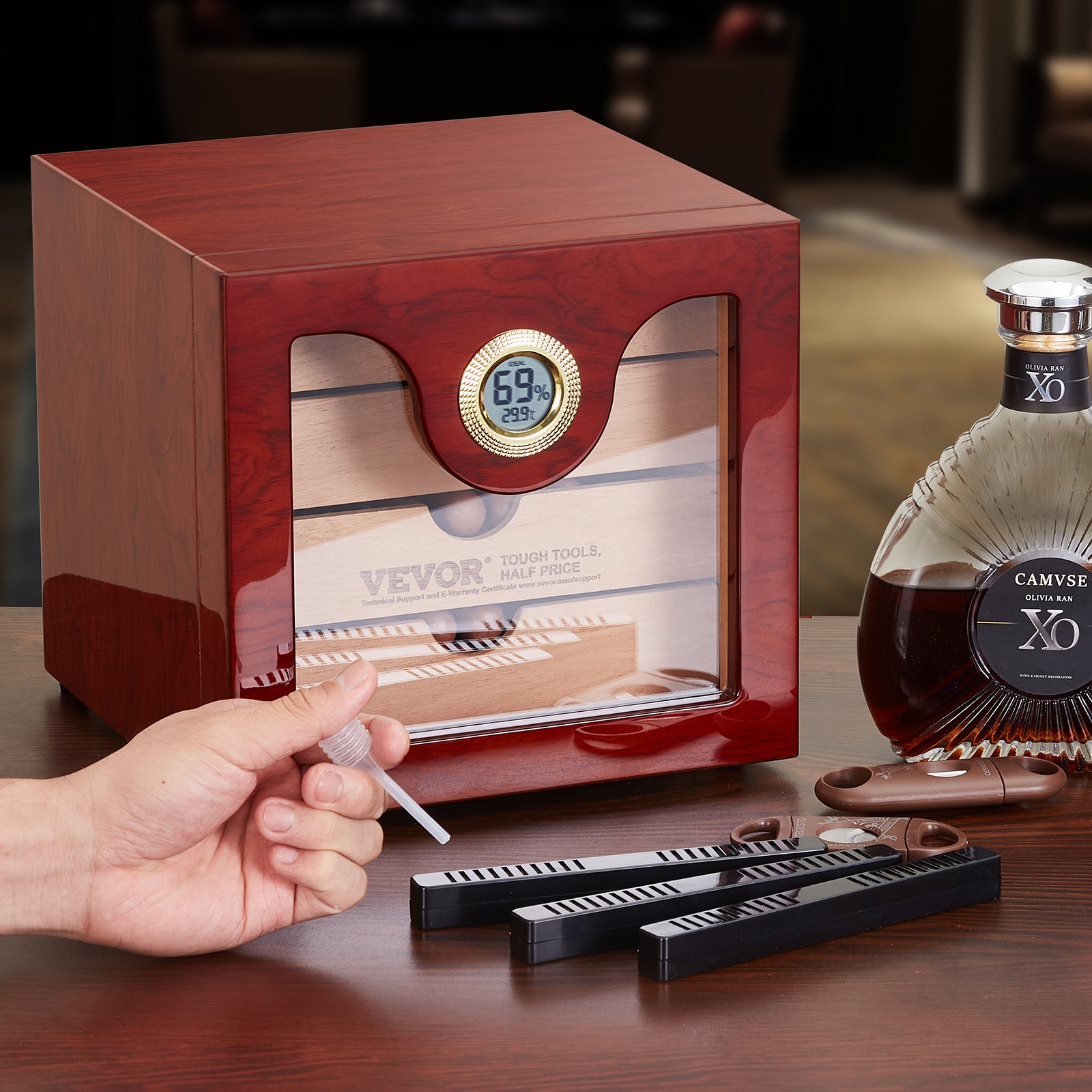 VEVOR Humidor-Schrank für Zigarren, Handgefertigter Humidor aus Spanischem Zedernholz für 50–100 Zigarren, Glas-Zigarren-Aufbewahrungsbox für den Schreibtisch mit Digitalem Luftbefeuchter