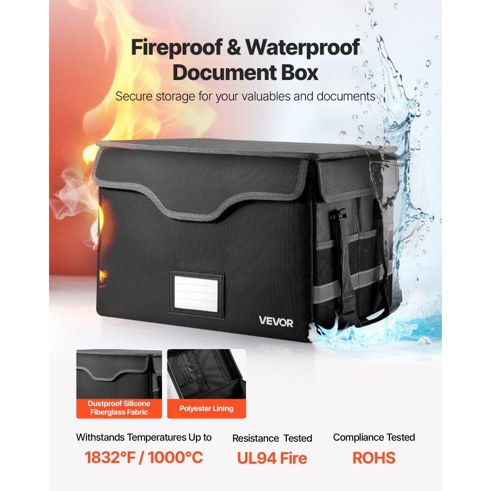 VEVOR feuerfeste Dokumentenbox Dokumententasche, 1000 °C wärmeisolierte, wasserfeste Dokumentenaufbewahrungsbox mit Schloss, tragbare Aktentasche für Reisepässe wichtige Dokumente Akten Schwarz