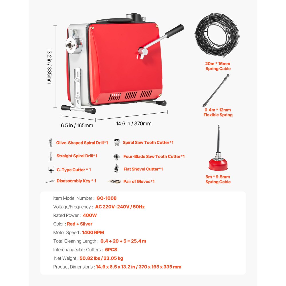 VEVOR Drain Cleaner Machine, 400W 1400RPM Electric Pipe Drain Cleaning Machine Sewer Snake with 20m x 16mm, 5m x 9.5mm & 0.4m x 12mm Steel Spring Cable and 6 Cutters, Fit 50-110 mm Diameter Pipes