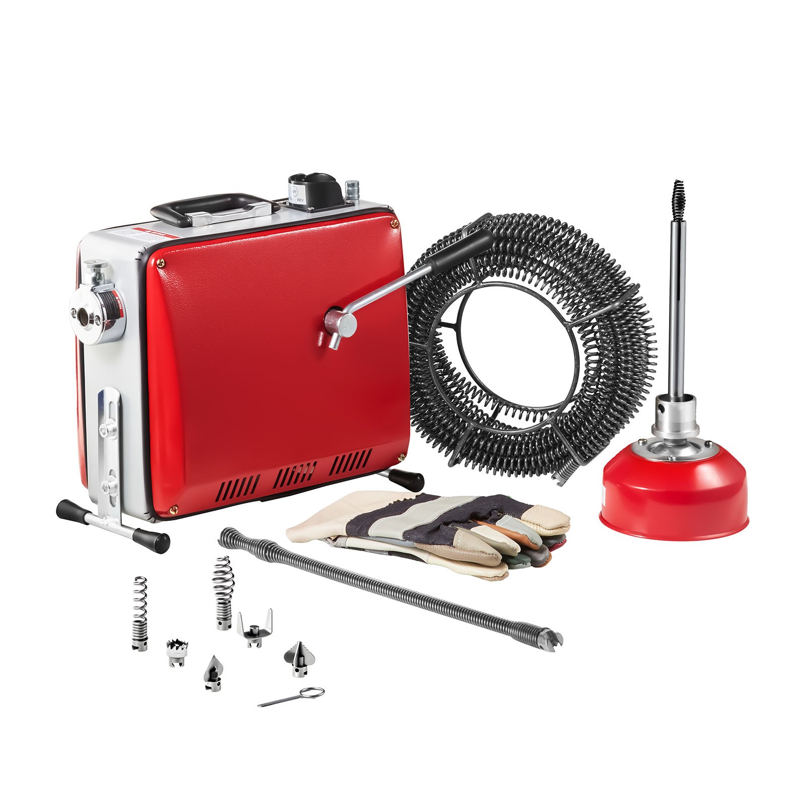 VEVOR Elektrische Rohrreinigungsmaschine, 400 W, 1400 U/min, Abflussreiniger, 20 m x 16 mm & 5 m x 9,5 mm Federkabel, 0,4 m x 12 mm flexible Feder & 6 Schneider, für Rohre mit 50–110 mm Durchmesser