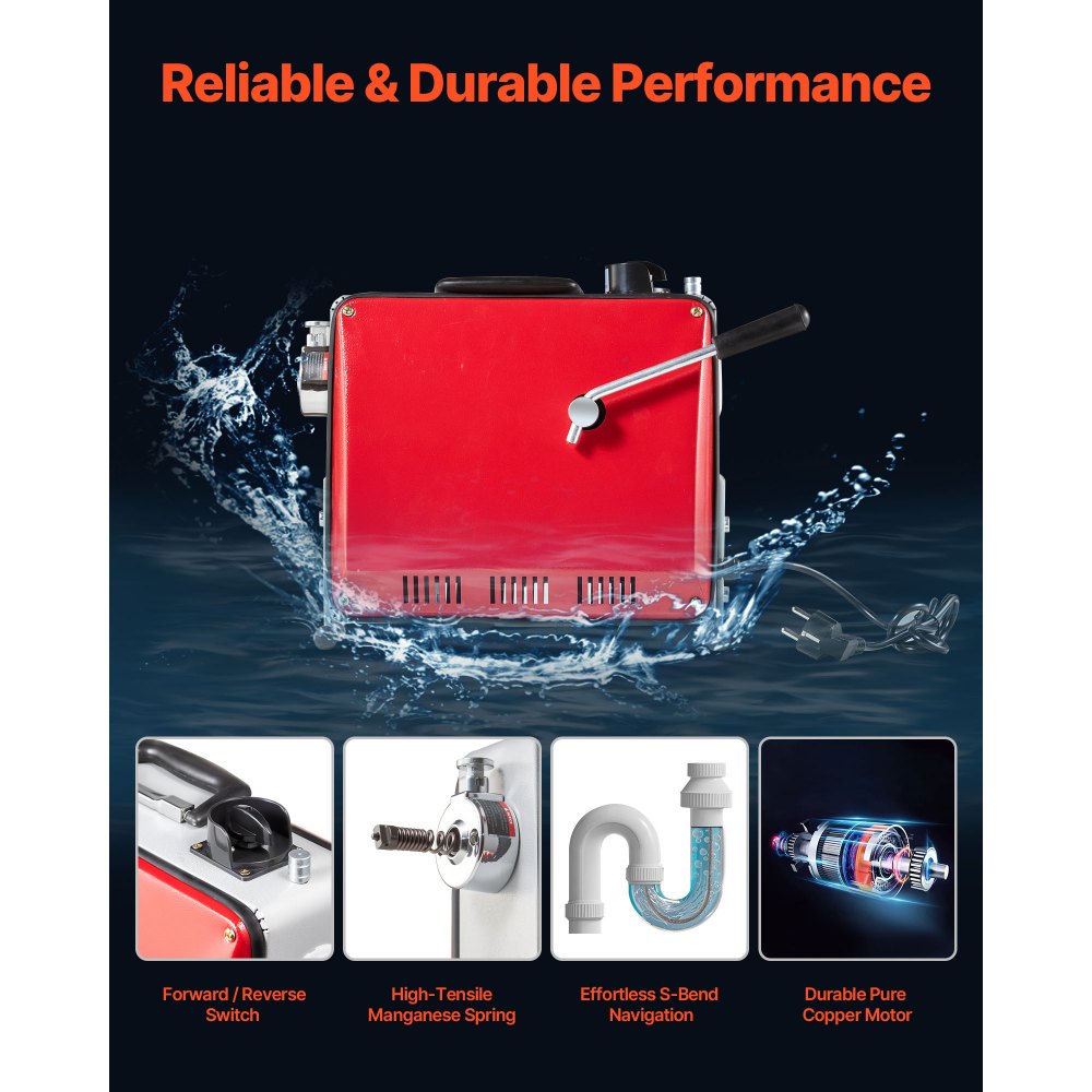 VEVOR Elektrische Rohrreinigungsmaschine, 500W, 1400U/min, Abflussreiniger, 2 Stk. 20mx16mm & 5mx9,5mm Federkabel, 0,4mx12mm flexible Feder & 6 Schneider, für Rohre mit 50–110mm Durchmesser