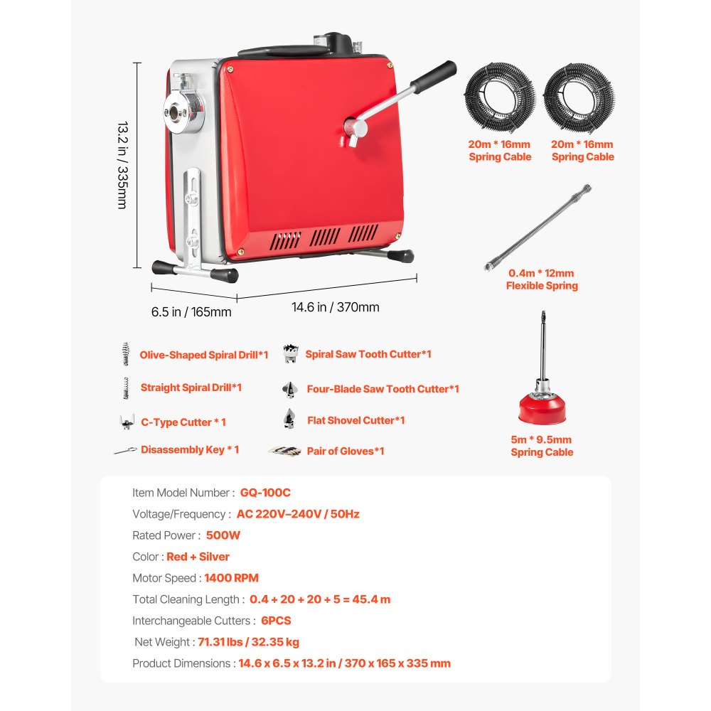VEVOR Elektrische Rohrreinigungsmaschine, 500W, 1400U/min, Abflussreiniger, 2 Stk. 20mx16mm & 5mx9,5mm Federkabel, 0,4mx12mm flexible Feder & 6 Schneider, für Rohre mit 50–110mm Durchmesser