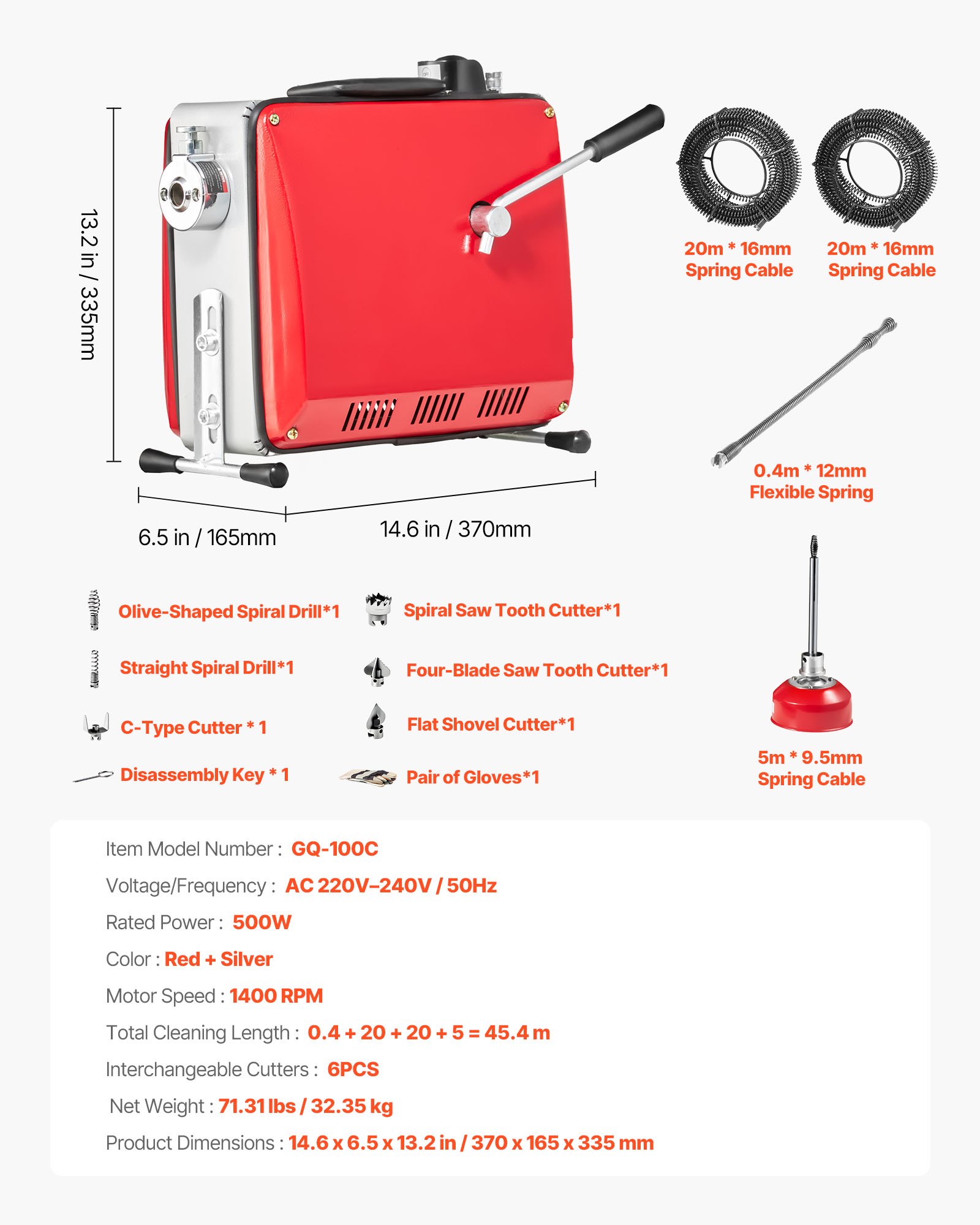 VEVOR Elektrische Rohrreinigungsmaschine, 500W, 1400U/min, Abflussreiniger, 2 Stk. 20mx16mm & 5mx9,5mm Federkabel, 0,4mx12mm flexible Feder & 6 Schneider, für Rohre mit 50–110mm Durchmesser