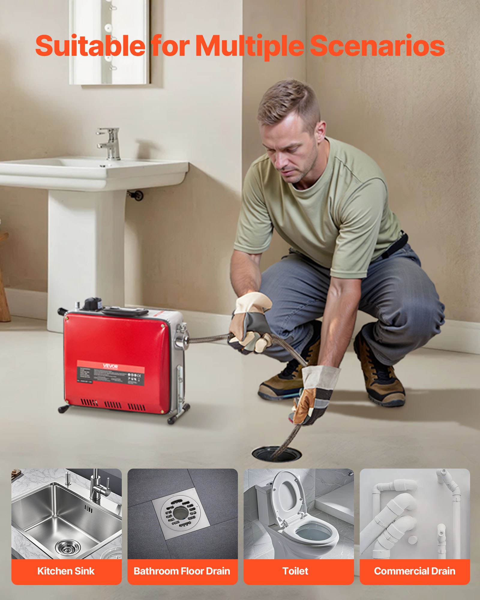 VEVOR Elektrische Rohrreinigungsmaschine, 500 W, 1400 U/min, Abflussreiniger, 20 m x 16 mm & 5 m x 9,5 mm Federkabel, 0,4 m x 16 mm flexible Feder & 8 Schneider, für Rohre mit 50–110 mm Durchmesser