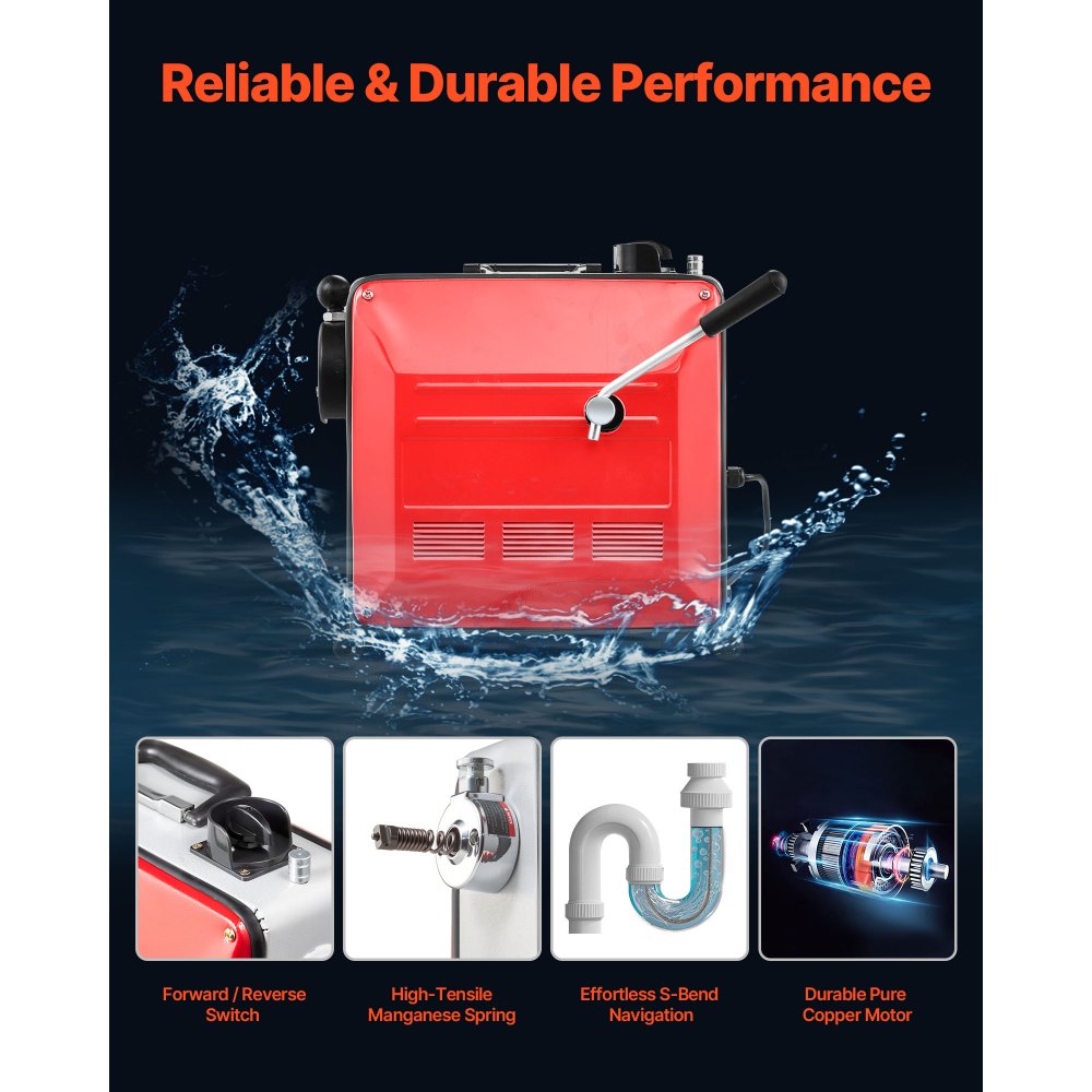 VEVOR Drain Cleaner Machine, 850W Electric Pipe Drain Cleaning Machine Sewer Snake with 14.5m x 16mm, 14m x 22mm, 5m x 9.5mm, 0.4m x 12mm Steel Spring Cable & 11 Cutters, Fit 50-200 mm Diameter Pipes