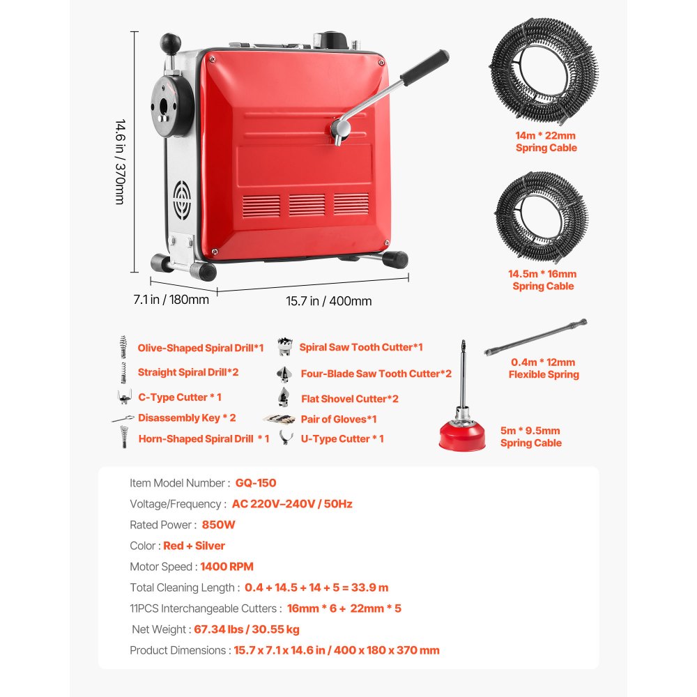 VEVOR Drain Cleaner Machine, 850W Electric Pipe Drain Cleaning Machine Sewer Snake with 14.5m x 16mm, 14m x 22mm, 5m x 9.5mm, 0.4m x 12mm Steel Spring Cable & 11 Cutters, Fit 50-200 mm Diameter Pipes