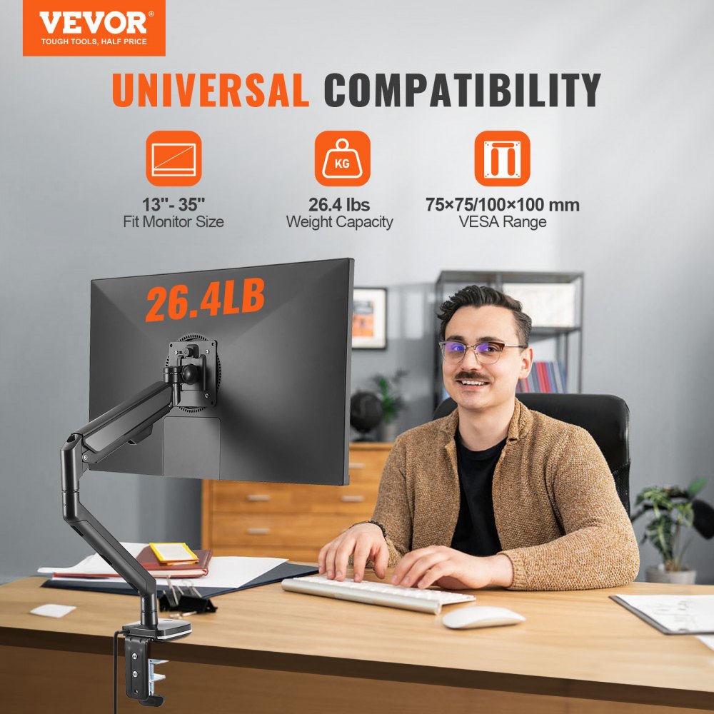VEVOR Monitor-Halterung Einzelhalterung Passend für 330-889 mm Kompatible  Monitorgröße, Aluminiumlegierung 75 x 75 mm und 100 x 100 mm VESA-Muster,  Höhenverstellbar, Drehbar, Kippbar Schwarz