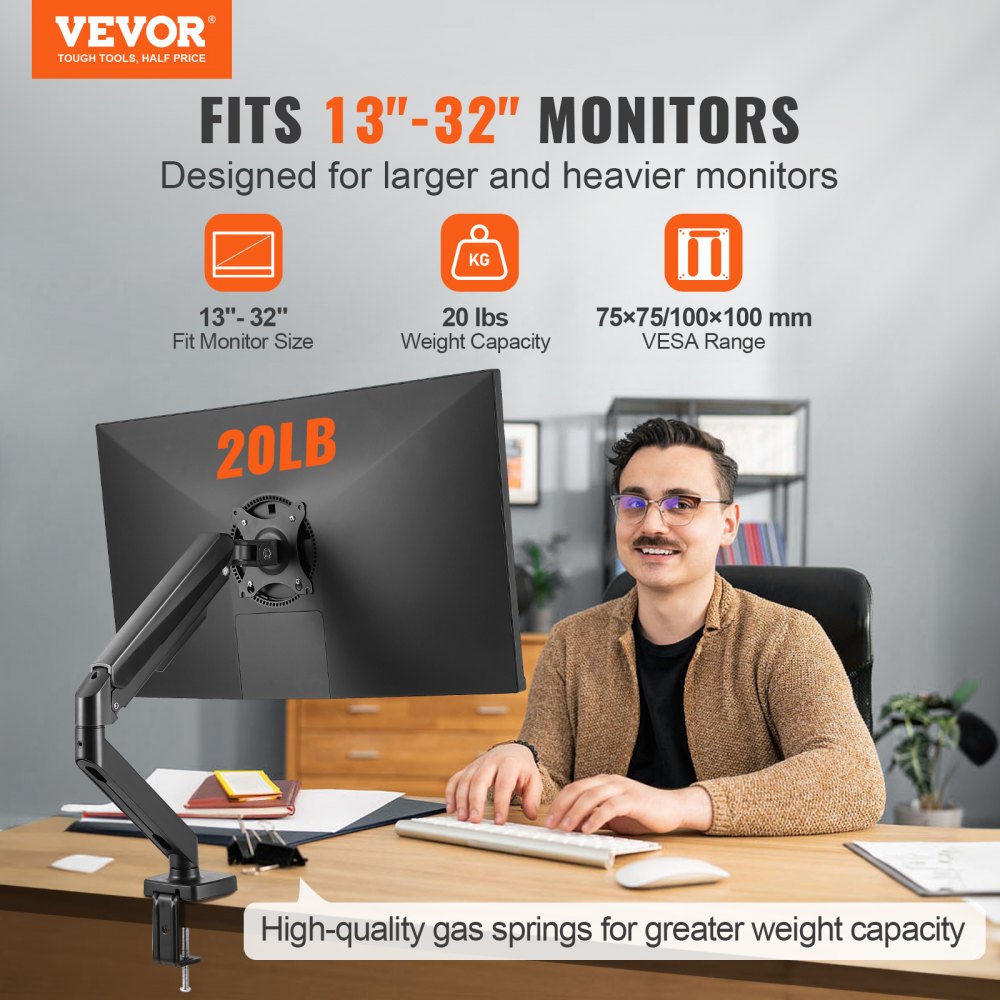 VEVOR Monitor-Halterung Einzelhalterung Passend für 330-813 mm Kompatible  Monitorgröße, Aluminiumlegierung 75 x 75 mm & 100 x 100 mm VESA-Muster,  Höhenverstellbarer Halterung Drehbar Kippbar