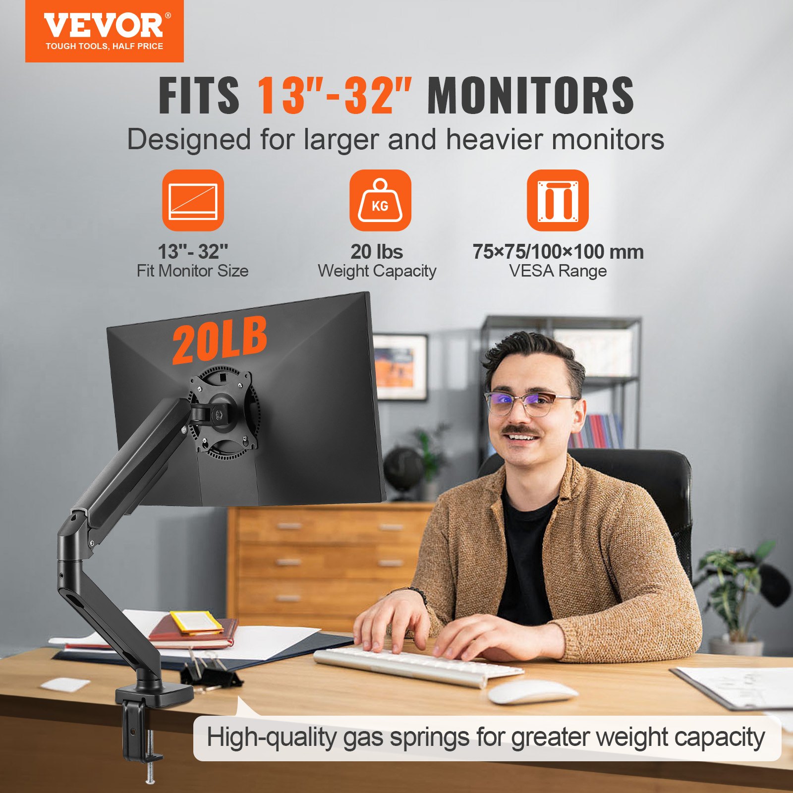 VEVOR Monitor-Halterung Einzelhalterung Passend für 330-813 mm Kompatible Monitorgröße, Aluminiumlegierung 75 x 75 mm & 100 x 100 mm VESA-Muster, Höhenverstellbarer Halterung Drehbar Kippbar