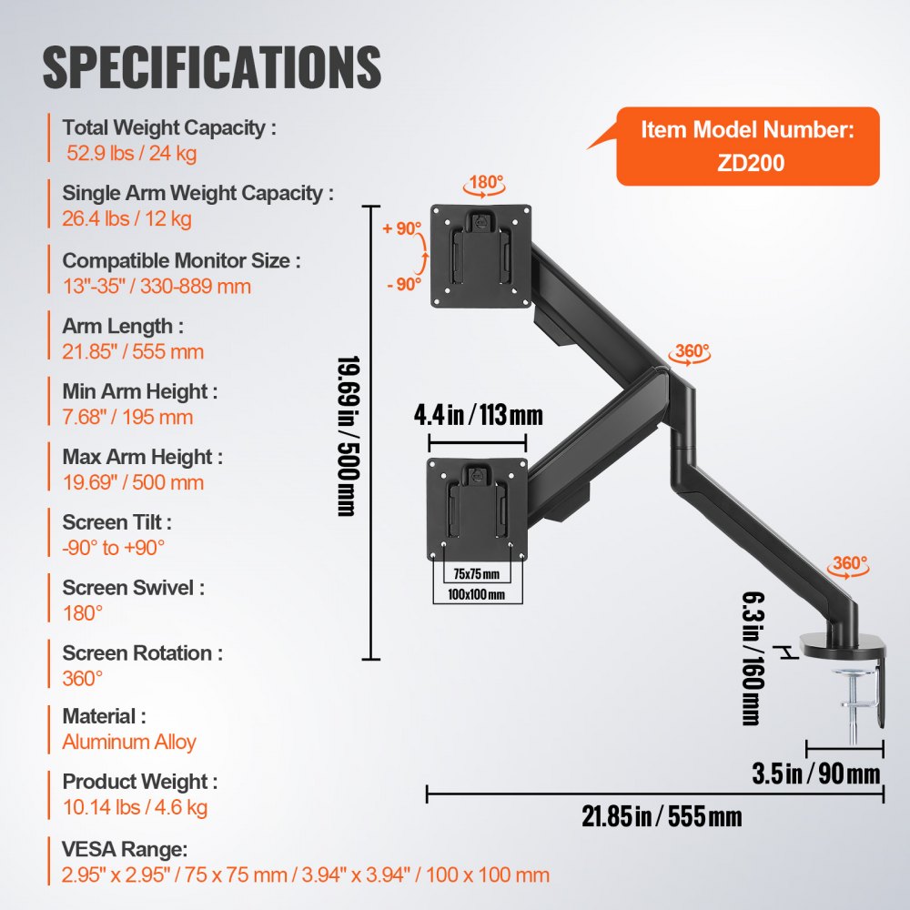 VEVOR Monitor-Halterung Tragarm für 2 Monitore 330-889 mm, Höhenverstellbarer Tischhalterung, 75 x 75 mm und 100 x 100 mm VESA-Muster Monitor Halterung 360-Grad-Drehung Neigbar Schwenkbar, Schwarz