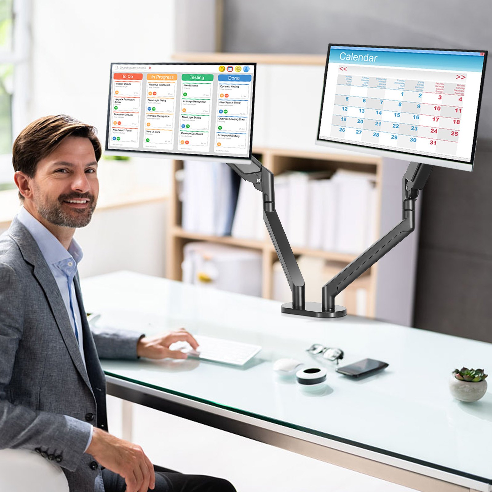 VEVOR Monitor-Halterung Tragarm für 2 Monitore 330-889 mm, Höhenverstellbarer Tischhalterung, 75 x 75 mm und 100 x 100 mm VESA-Muster Monitor Halterung 360-Grad-Drehung Neigbar Schwenkbar, Schwarz