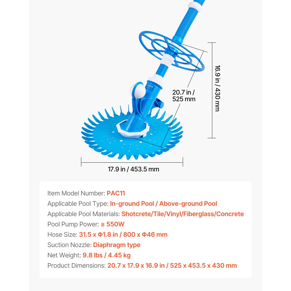 VEVOR Poolsauger mit Saugfunktion, Poolstaubsauger Poolreiniger mit Saugseite, Poolkehrmaschine mit 12 Schläuchen, geeignet für Einbaupools und Aufstellpools bis zu 6,1 x 10,7 m blau