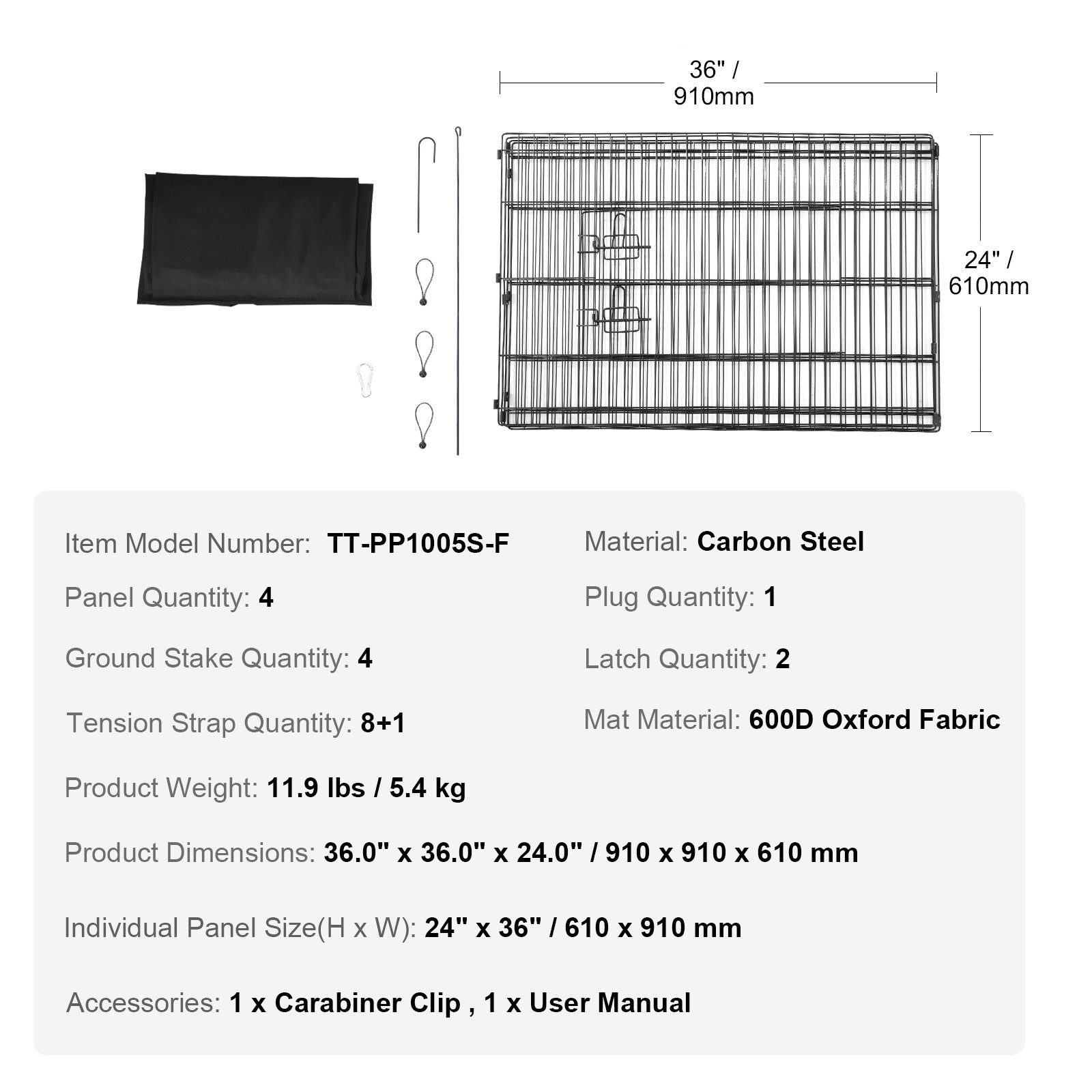 VEVOR Hundelaufstall, 4 Stk.  610 x 910 mm große Paneele, faltbarer Laufstall aus Metall, Hundezaun mit Tür und Bodenpolster aus 600D Oxford-Gewebe, Ideal für Hunde, Katzen und andere Kleintiere